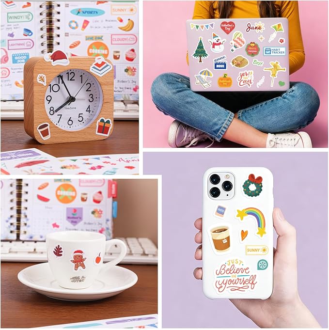 1000+ Holiday Seasonal Daily Monthly Planner Stickers for Women Men - Scrapbooking Supplies 24 Pages Sticker Book for Calendar Vision Board, Removable & Repositionable Junk Journal Supplies for Adults
