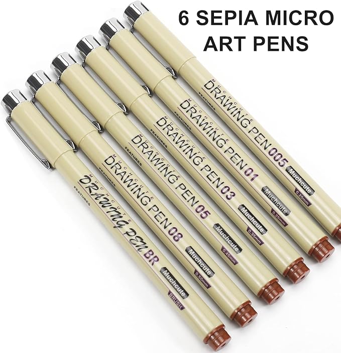Muchcute Micro Fineliner Drawing Art Pens: 6 Sepia Artist Supplies Adults | Waterproof Archival Ink Brown Set Fine Line Marker Liner,Sketch Outline Anime Gift Manga Sketching Watercolor Zentangle Stuff