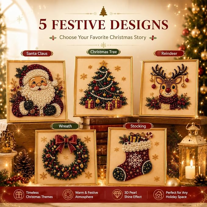 DIY Christmas Pearl Diamond Art Painting Art Kit with Frame, Cute 3D Christmas Pearl Beads Art Craft for Adults Beginner, Holiday Christmas Wall Decor, Healing Stress-Relieving
