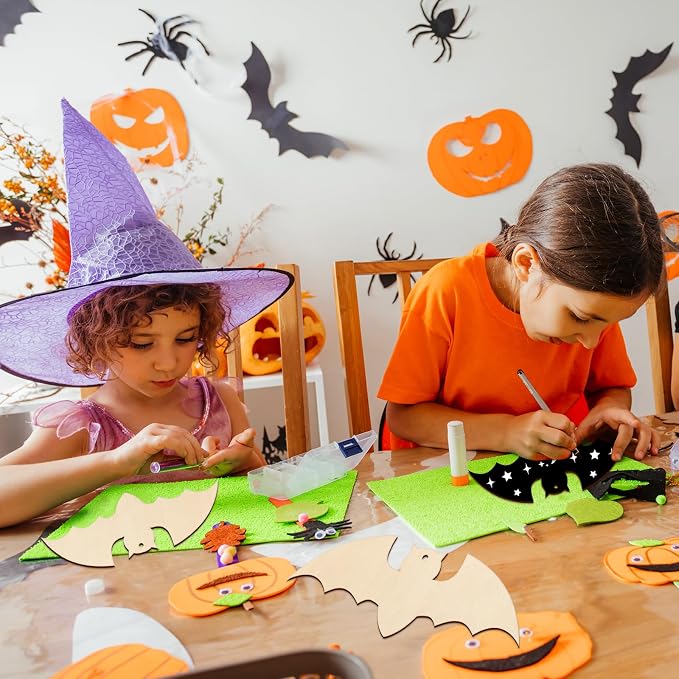 Large Size 7inch Wooden Halloween Ornaments to Paint,Bat Cutouts Unfinished DIY Blank Unfinished Pumpkin Wood Discs Ornament for Crafts Hanging Autumn Decorations 10PCS
