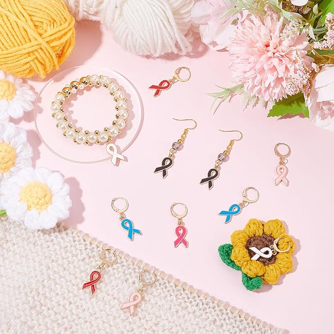 NBEADS 24 Pcs Awareness Ribbon Stitch Markers, Alloy Enamel Crochet Stitch Marker Charms with 304 Stainless Steel Clasp Stitch Marker for Sewing Accessories (HJEW-PH01815-US6)
