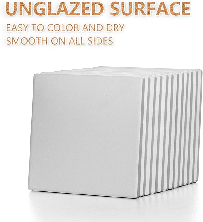 Ceramic Tiles for Crafts Coasters - 12Pcs Blank Unglazed White Tiles for Painting, Alcohol Ink, Acrylic Pouring - Make Your Own Coaster - Cork Backing Pads Included (4x4 Inch)