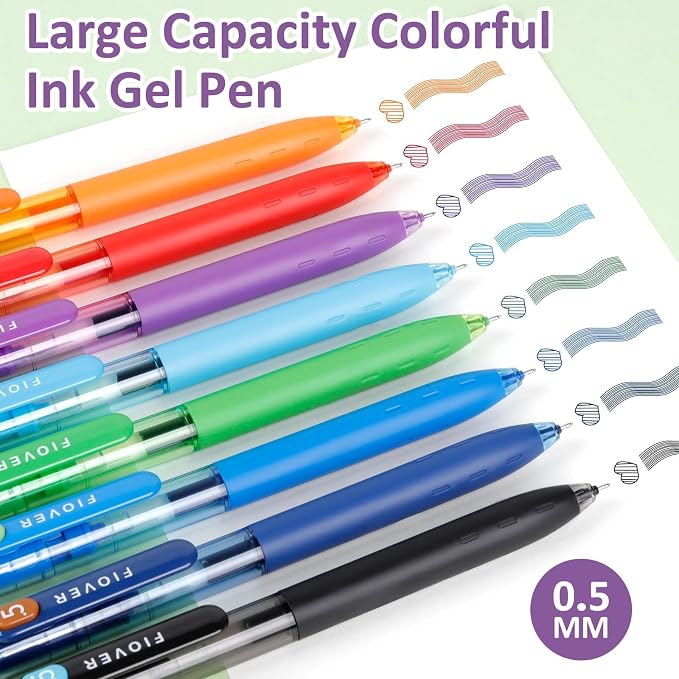 FIOVER Colored Gel Pens, 0.5mm Fine Point Smooth Writing Colorful Pens