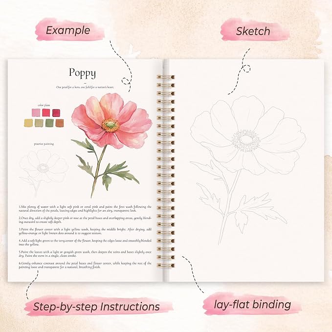 SKYDUE Watercolor Workbook for Beginners with 24 Paint Colors | 15 Floral & Botanical Painting, Step-by-Step Watercolor Book for Adults & Teen, Thick Watercolor Paper, Easy Relaxing Art Kit