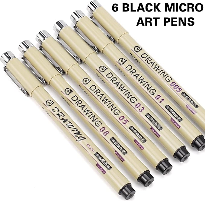 Muchcute Micro Fineliner Drawing Art Pens: 6 Black Artist Supplies Adults | Waterproof Archival Ink Set Pigment Liner Fine Line Markers, Journaling Sketch Outline Manga Anime Gifts Sketching Watercolor