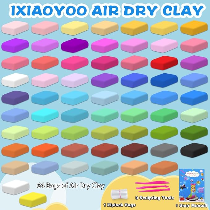 Ixiaoyoo Air Dry Clay, 64 Colors Foam Modeling Clay for School Projects