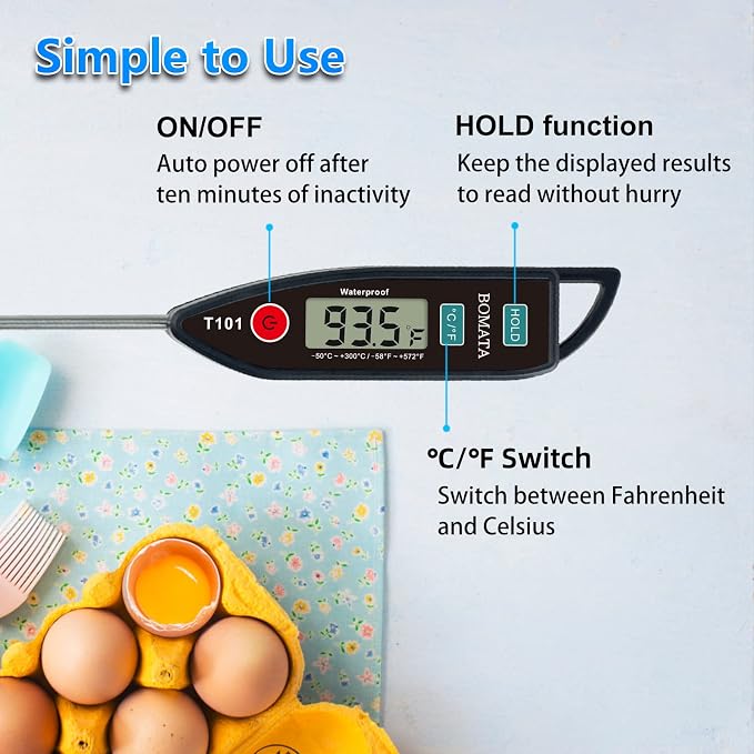 BOMATA 6 Pack Waterproof IPX7 Meat Thermometer, Food Thermometer | Instant Read, Long Probe for Water, Liquid, Kitchen Cooking, Grill,BBQ ! T101 X 6 Pcs (Black & Red & White)…