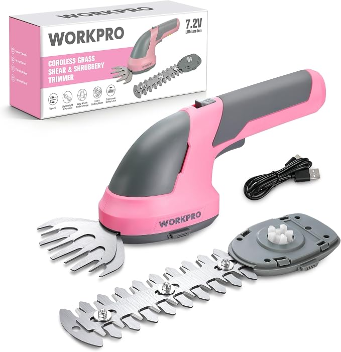 WORKPRO 7.2V Cordless Grass Shear & Shrubbery Trimmer, Pink Ribbon