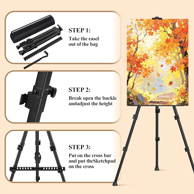 Art Painting Tripod Easel Stands, Portable Adjustable Display Artist Easels | Black Metal Stands with 3 Bags for Tabletop/Floor Painting, Height from 17 to 66 inches for Drawing, Displaying - 3 pack