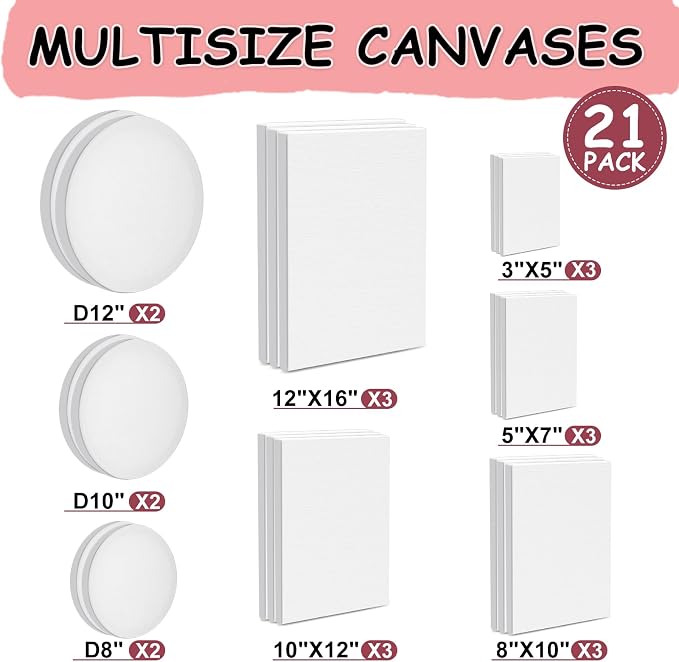 21 Packs Stretched Canvases for Painting, MultiSize 12x16, 10x12, 8x10, 5x7, 3x5, Round Canvas with 8x8,10x10,12x12, Primed Blank Canvas for Oil, Acrylic Paint,for Beginner, Artist.