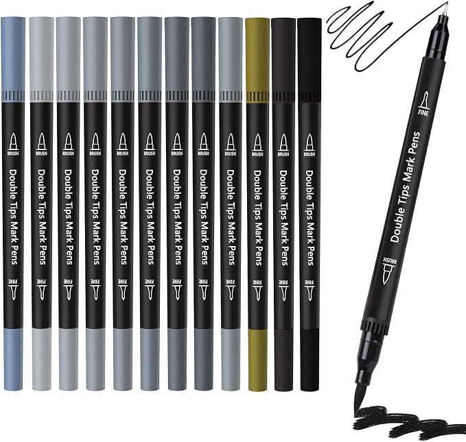 Grey Double Tip Brush Pens Art Markers,12 Colored Artist Fine Brush Pen Coloring Markers for Adult Drawing Art Craft Kit