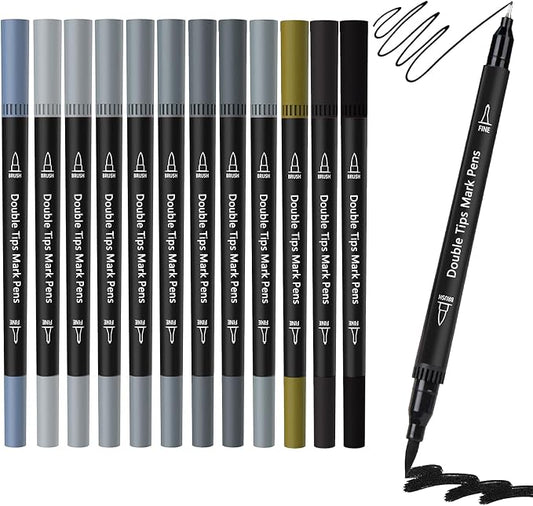 Grey Double Tip Brush Pens Art Markers,12 Colored Artist Fine Brush Pen Coloring Markers for Adult Drawing Art Craft Kit
