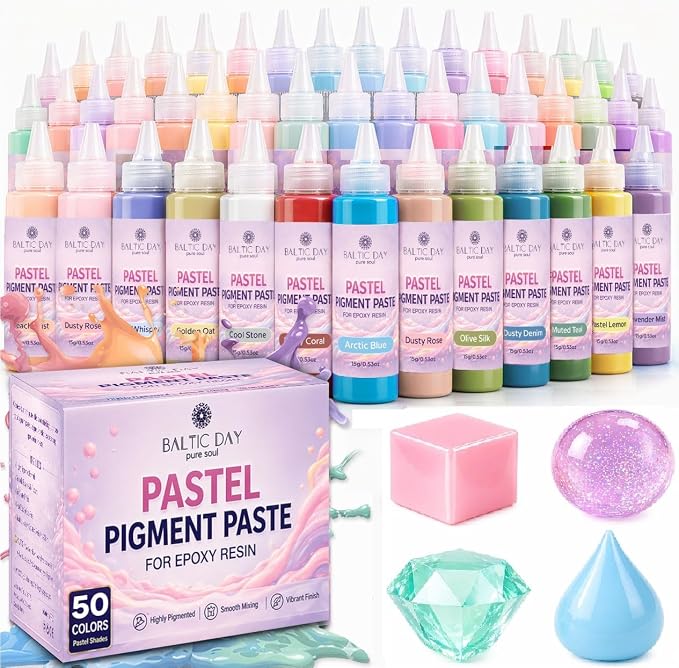 BALTIC DAY Pastel Pigment Paste for Epoxy Resin, 50 Colors, 15g Each | Soft opaque pastel colors for resin jewelry, coasters, tumblers, molds, home décor and DIY crafts