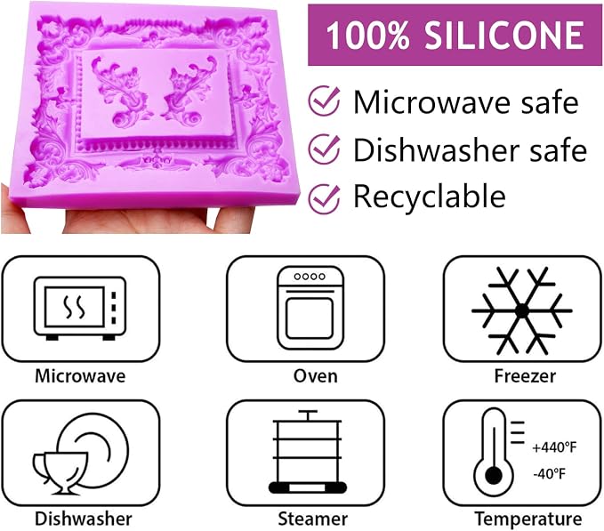 Victorian Ornate Picture Frame Silicone Mold, Frame Molds for Chocolate Purple Decorative Border Design for Resin Casting DIY Clay Fondant Crafts Supplies Vintage Pattern