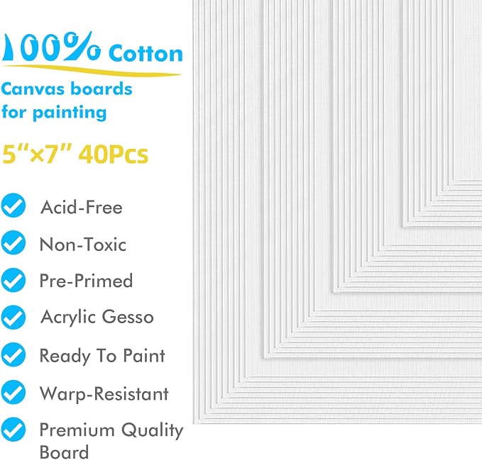 GOTIDEAL Bulk Canvases for Painting, 5 x 7 inch Value Pack of 40 | Gesso Primed White Blank Canvas Boards, 100% Cotton Art Supplies Canvas Panel for Acrylic Paint, Pouring, Oil Paint, Gouache