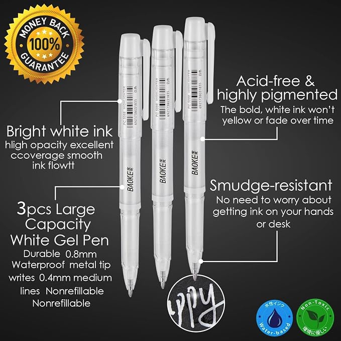 Qionew White Gel Pen Set, 1mm Gel Ink Pens Opaque White Archival Ink Pens for Black Paper Drawing, Sketching, Illustration, Card Making, Bullet Journaling