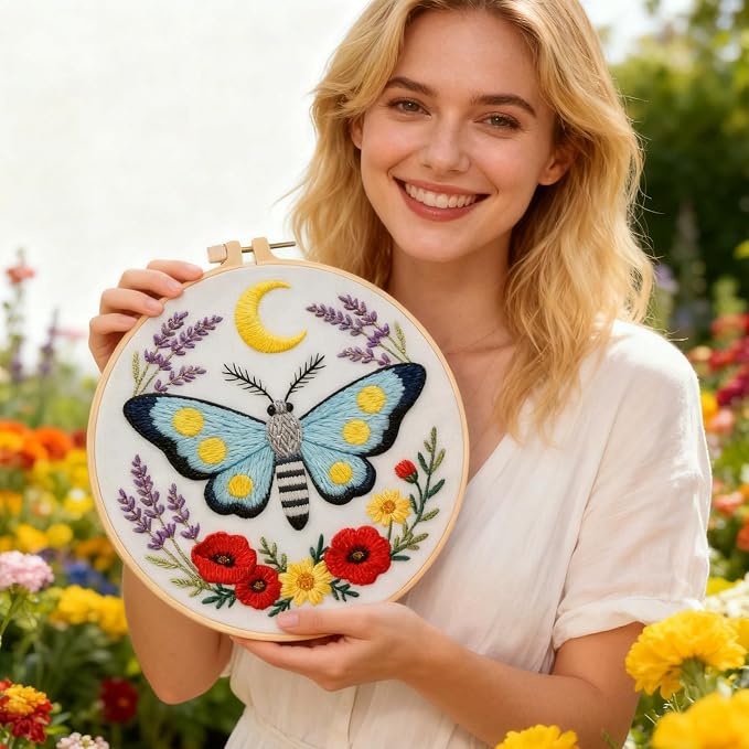 BEUNITONE 6 Set Moth Embroidery Kit for Adults Beginners, DIY Needlepoint Craft Kits with Instructions and Hoops, Complete Starter Set for Adults, Handmade Embroidery for Gifts and Home Decor 20x20cm