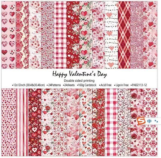 Happy Valentine's Day Scrapbook Paper Pad - 24 Sheets 12x12 in Double-Sided Patterned Decorative Craft Paper for Card Making Journals DIY Crafts Photo Album