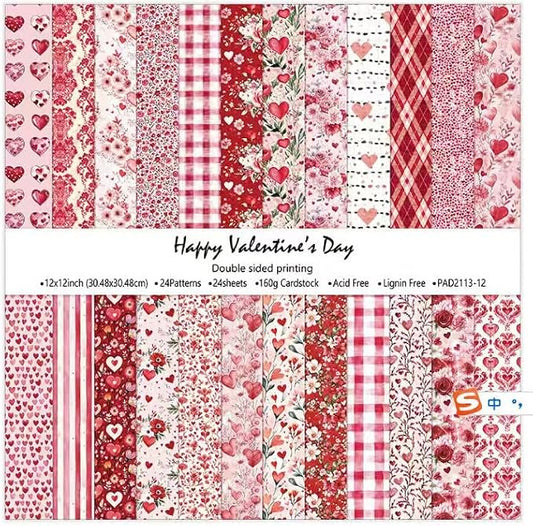 Happy Valentine's Day Scrapbook Paper Pad - 24 Sheets 12x12 in Double-Sided Patterned Decorative Craft Paper for Card Making Journals DIY Crafts Photo Album