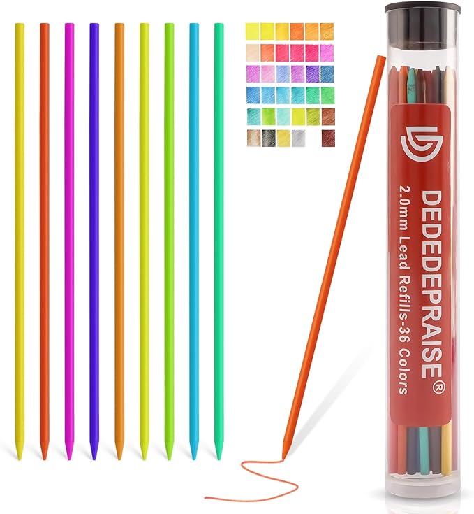 2.0mm Mechanical Pencil Lead 36 pcs with Clip Colorful Graphite Pencil Lead Pencil For Construction, Draft Drawing, Crafting, Art Sketching