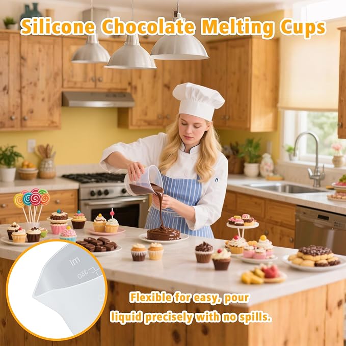 Silicone Chocolate Melting Cup Set with 6 Silicone Measuring Cups (250ml & 350ml & 600ml &1000ml) and 4PCS Heat-Resistant Jar Spatulas, Non-Stick Baking Tools for DIY Chocolate, Butter & Cream Mixing