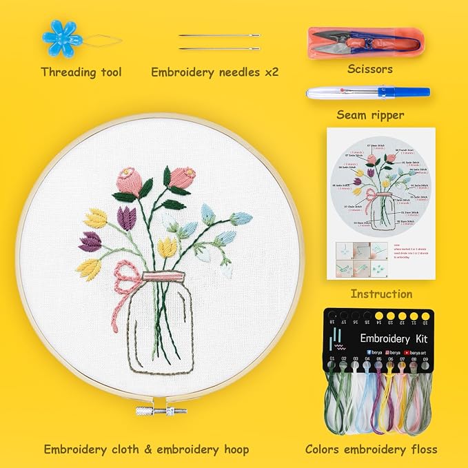 BERYA Flowers Embroidery Kit Including Video Step by Step Instructions Embroidery Hoop,Color Threads and Embroidery Scissors for Beginners-Handmade Needlepoint Kits for Adults