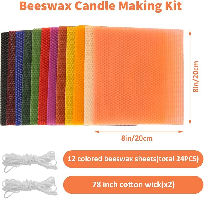 GBACHOOSE Beeswax Sheets for Candle Making, 24 Pack 8 x 8 Inch Honeycomb Wax Sheets in 12 Colors with Cotton Wick, DIY Rolled Beeswax Candle Making Kit for Adults, Kids, Crafts, Gifts