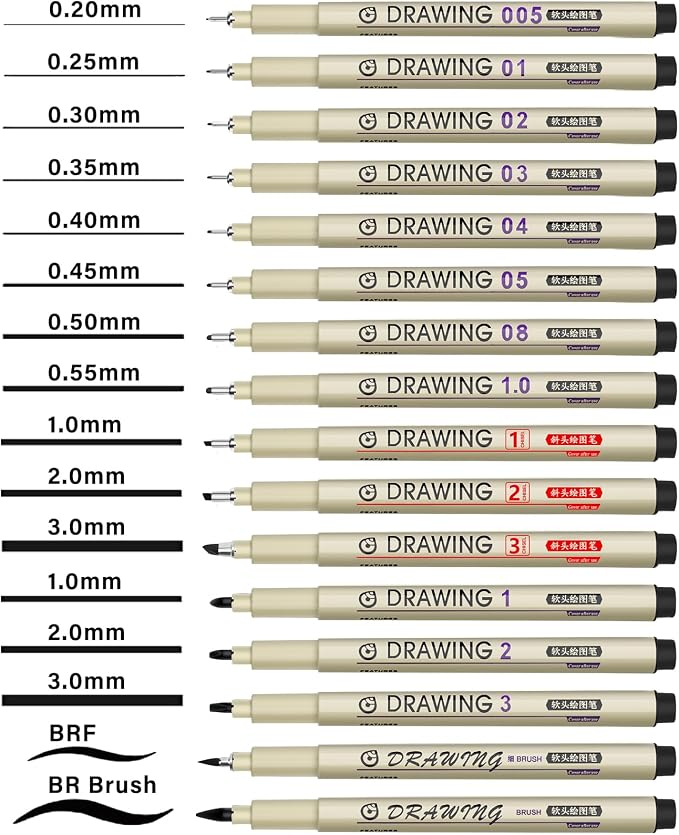 Muchcute Micro Fineliner Drawing Art Pens: 16 Black Artist Supplies Adults | Waterproof Archival Ink Set Fine Line Markers Liner,Sketch Outline Anime Gifts Manga Sketching Watercolor Zentangle Kit Stuff