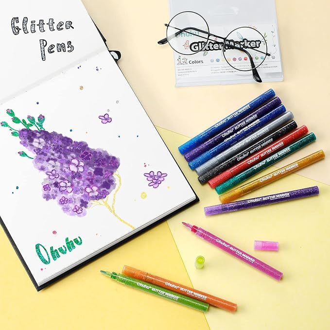 Ohuhu Glitter Marker Pens 12 Colors Fine Tip for Painting Coloring Crafts