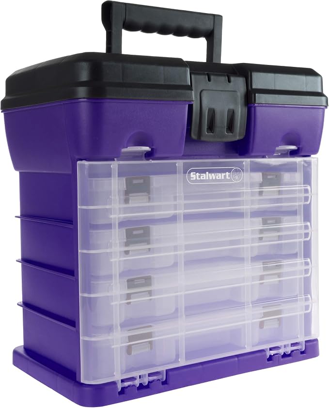 Storage and Tool Box-Durable Organizer Utility Box-4 Drawers with 19 Compartments Each for Hardware, Fish Tackle, Beads, and More by Stalwart (Purple)