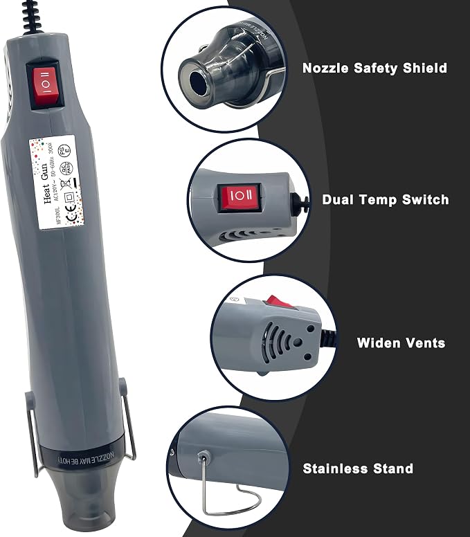 Mini Heat Gun for Crafting, 300W 2-Temp Settings Fast Heat Hot Air Gun Tool for Crafting, Heat Gun for Craft Dryer, 6.56Ft Long Cable Overload Protection for Drying Paint, Shrink Tubing - Grey