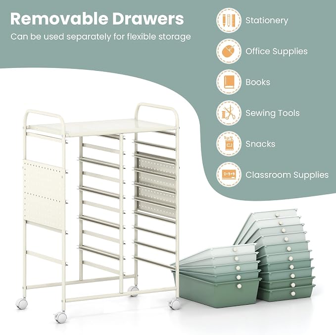 Giantex 15 Drawer Storage Cart, Rolling Craft Cart with Metal Tabletop & Pegboard, Mobile Utility Organizer Trolley with Locking Wheels, Home Office, Classroom, Teacher Supplies, Green Gradient