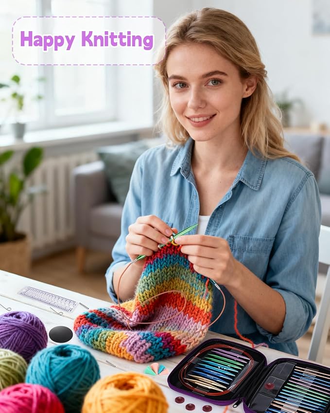 Aeelike 13 Pair Interchangeable Circular Knitting Needles 3-10 mm, Purple | Aluminum Interchangeable Knitting Needles with 4 Cables, Smooth Complete Needles Set for Socks Blankets Sweaters, Ideal Gift