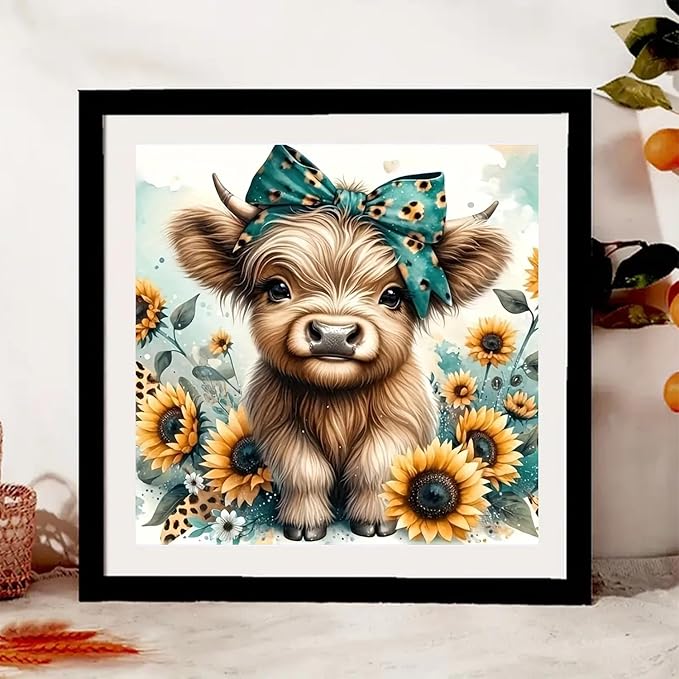 Diamond Art Painting Kits for Adults, Cow 5D Diamond Painting Dots Art Kits | DIY Highland Cow Full Round Gem Crystal Art paint by Diamond, Home Wall Decor 12 x 12 In