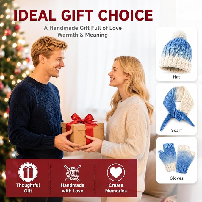 Knitting Kit for Beginners, Complete Starter Kit for Scarf, Hat, Gloves | Kitcroet Knitting Kit Video Tutorials & Written Guide; 2 Types of Needles & Knitting Accessories; 25% Extra Yarn Included