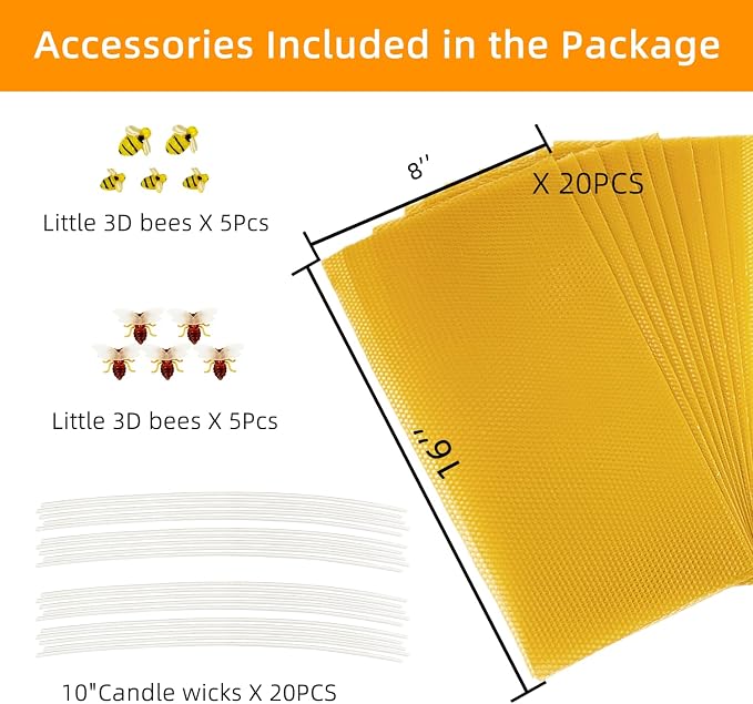 Lacaser Beeswax Sheets for Candle Making Kit, 20 Pcs 8"x16" Pure Bees Wax Made Sheets Equals to 40pcs 8"x8" Beeswax Sheets, Include Bee Ornaments,Cotton Candle Wicks for Bulk Candle Making