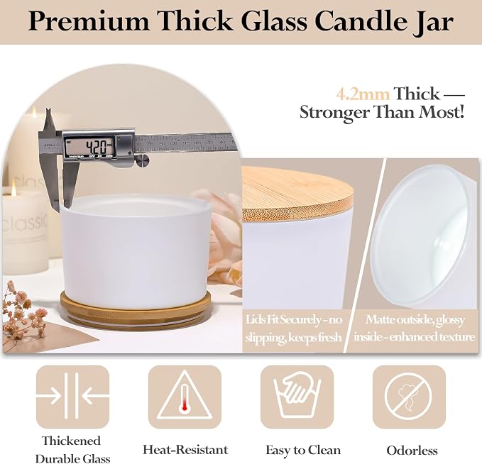 CONNOO 6 Pack 24oz Matte White Glass Candle Jars with Airtight Bamboo Lids