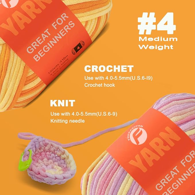 2 x 3.5Oz/120yds Beginner Easy Yarn for Crocheting and Knitting;Worsted-Weight Medium #4;Cotton Blend Yarn for Beginners Amigurumi DIY (Macron+Yellow)