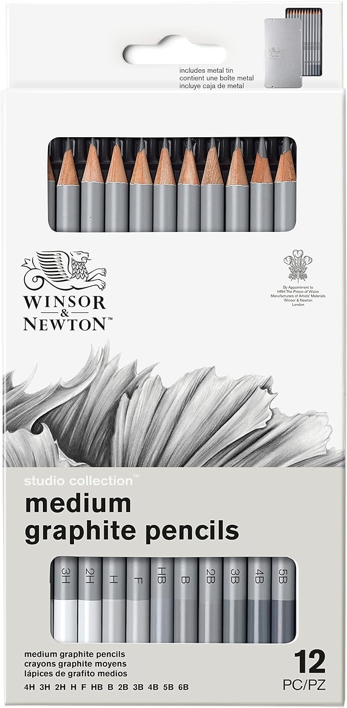 Winsor & Newton Studio Collection, Graphite Pencils, Set of 12 | Soft, Thick Core pencils, Varied Hardness, Soft Smooth Texture, Easy Blending, Stylish Metal Tin Included, High Quality Lead