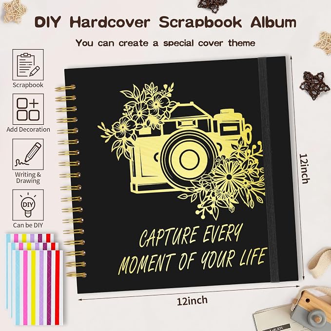 Scrapbook Album 12x12 inch, Travelling Journal Scrap Book Family Scrapbook Scrapbooking Supplies Kits Gift for Couples Anniversary Wedding (black, 12 x 12 inch)