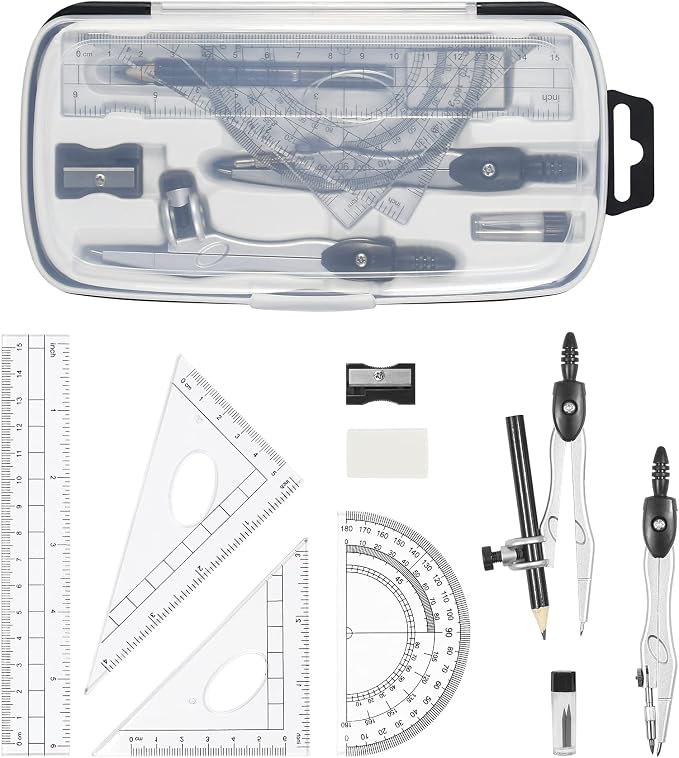 Unjoo Math Geometry Kit Sets 10 Piece Student Supplies, Compass Set, Black | Shatterproof Storage Box,Rulers,Protractor,Compass,Eraser,Pencil Sharpener,Lead Refills,for Classroom