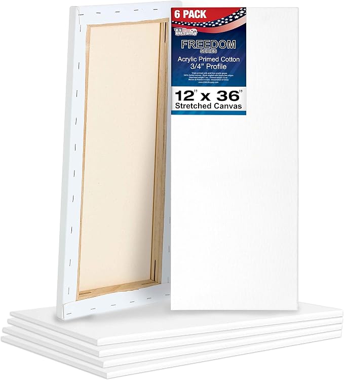 U.S. Art Supply 12"x36" Stretched Canvas for Painting, 3/4" Profile, 6-Pack