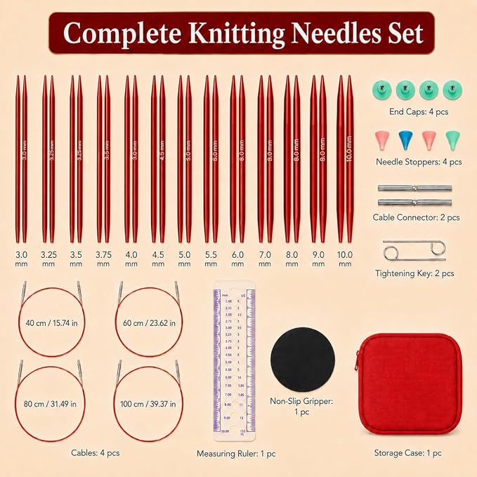 Aeelike 13 Pair Interchangeable Circular Knitting Needles Set 3-10 mm, Red | Aluminum Interchangeable Knitting Needles with 4 Cables, Smooth Complete Needles Set for Socks Blankets Sweaters, Ideal Gift