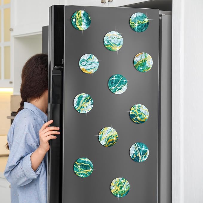 Zonon 12 Diamond Art Fridge Magnets, Teal Marble Refrigerator Magnet | Boho Decorative for Kitchen Whiteboard Locker Office, Housewarming Gift, Teal Marble Resin Painting Craft Style