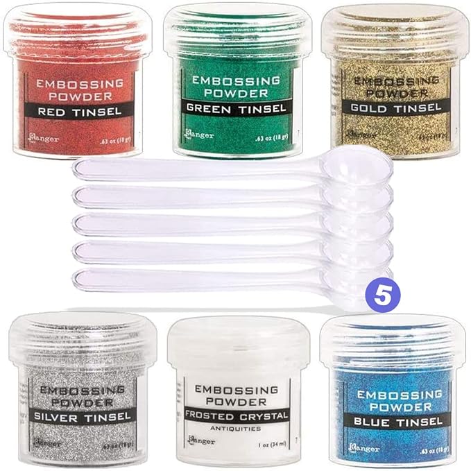Ranger Metallic Embossing Powder Set, Embossing Powder Spoons, Red Tinsel, Green Tinsel, Gold Tinsel, Silver Tinsel, Frosted Crystal and Blue Tinsel