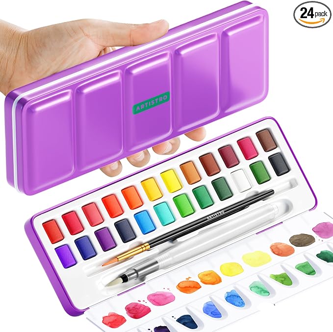 ARTISTRO Vivid Watercolor Paint Set with Palette & Brush Pens - 24 Colors | Portable Paint Art Kit, Travel Water Color Set, For Adults, Professionals, & Kids, Art & Painting Supplies, Gift Idea