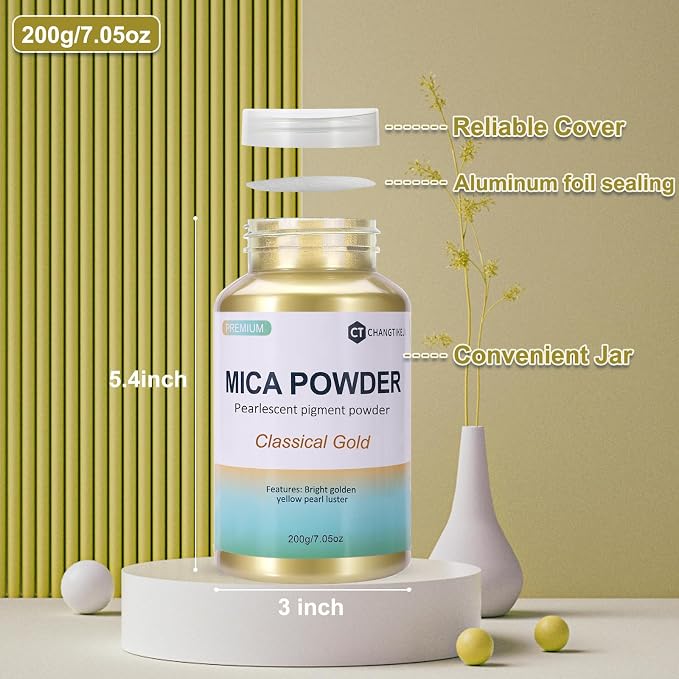 Mica Powder,200g/7.24oz Large Jar,Classical Gold Mica Powder Pigment for Epoxy Resin，Lip Gloss，Paint，Dye，Soap Making，Nail Polish,Candle Making,Bath Bombs