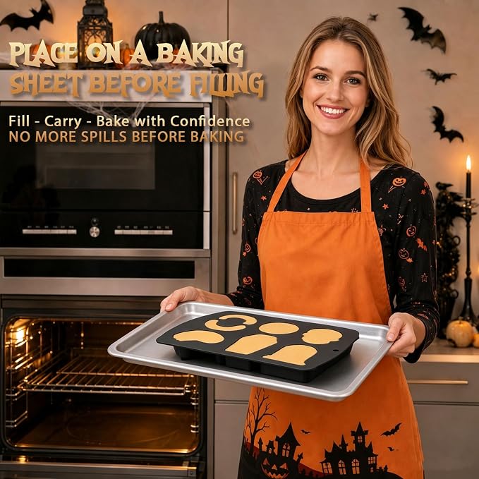 HKNMTT Skull Cake Pizza Pan 6 Spooky Shapes Halloween Silicone Baking Mold | Skull Eyeball Fangs Tombstone Coffin Brain Cake Mold for Pizza Chocolate Musse Soap Ice Cubes Non-Stick Food Grade