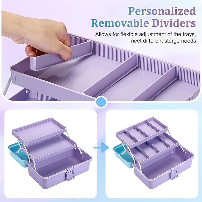 BTSKY 3-Layer Plastic Dividing Storage Box Craft Organizer and Storage | Portable Handled Art Supply Organizer with Adjustable Spacers Multipurpose Home Utility Box for Medicine Sewing(Blue+Purple)