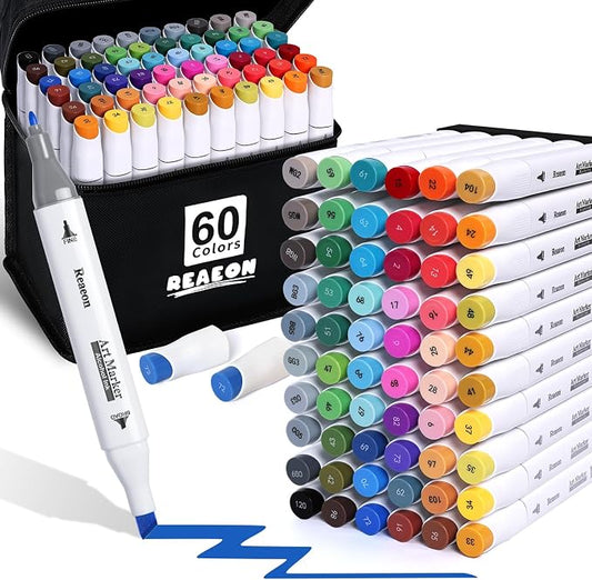 Reaeon Alcohol Art Markers 60 Colors, Dual Tip For Coloring | Chisel & Fine, Permanent Markers for Adult Coloring, Drawing, Sketching, Illustration and Painting, Art Supplie for Artist